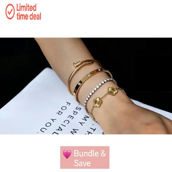 18K Gold Plated Tennis Bracelet Set, 4-Piece Stackable, Adjustable, Stainless - Picture 8 of 8